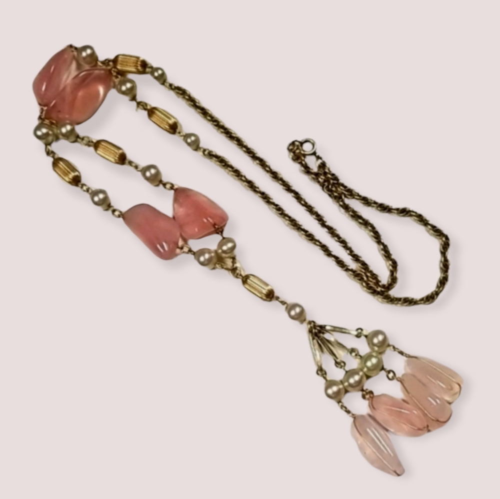Vintage 12K Gold Filled Pink Quartz Majorca Pearl Necklace - Picture 1 of 11